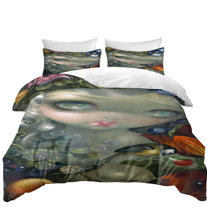 Fine Art Painting Girl Snail and Skull Duvet Cover