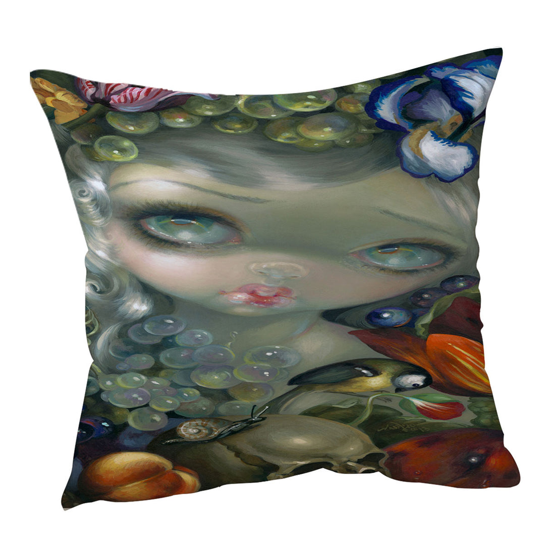 Fine Art Painting Girl Snail and Skull Throw Cushion Cover