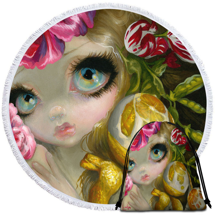 Fine Art Painting Girl and Lemon Round Beach Towel