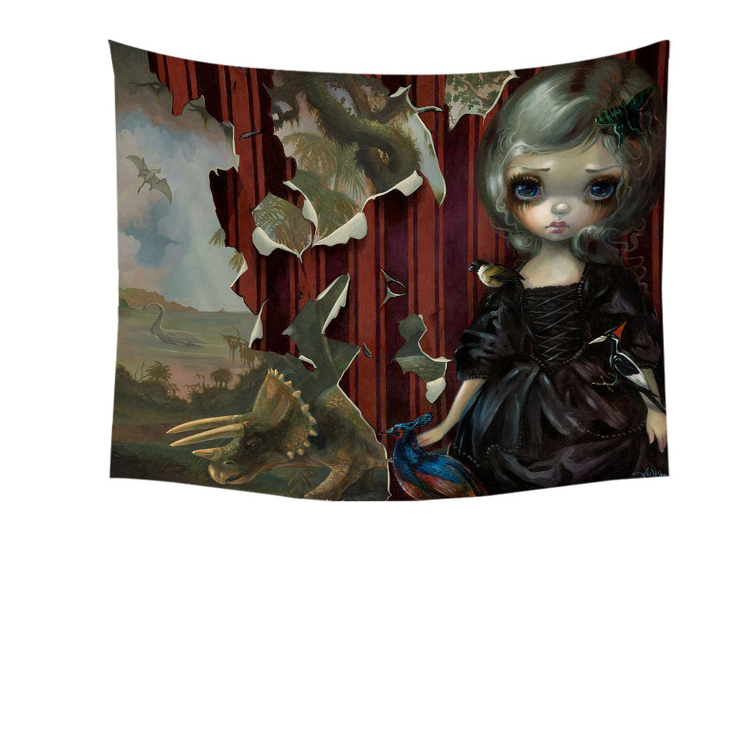 Fine Art Tapestry Black Dress Girl Dinosaur Friends Requiem Wall Decor