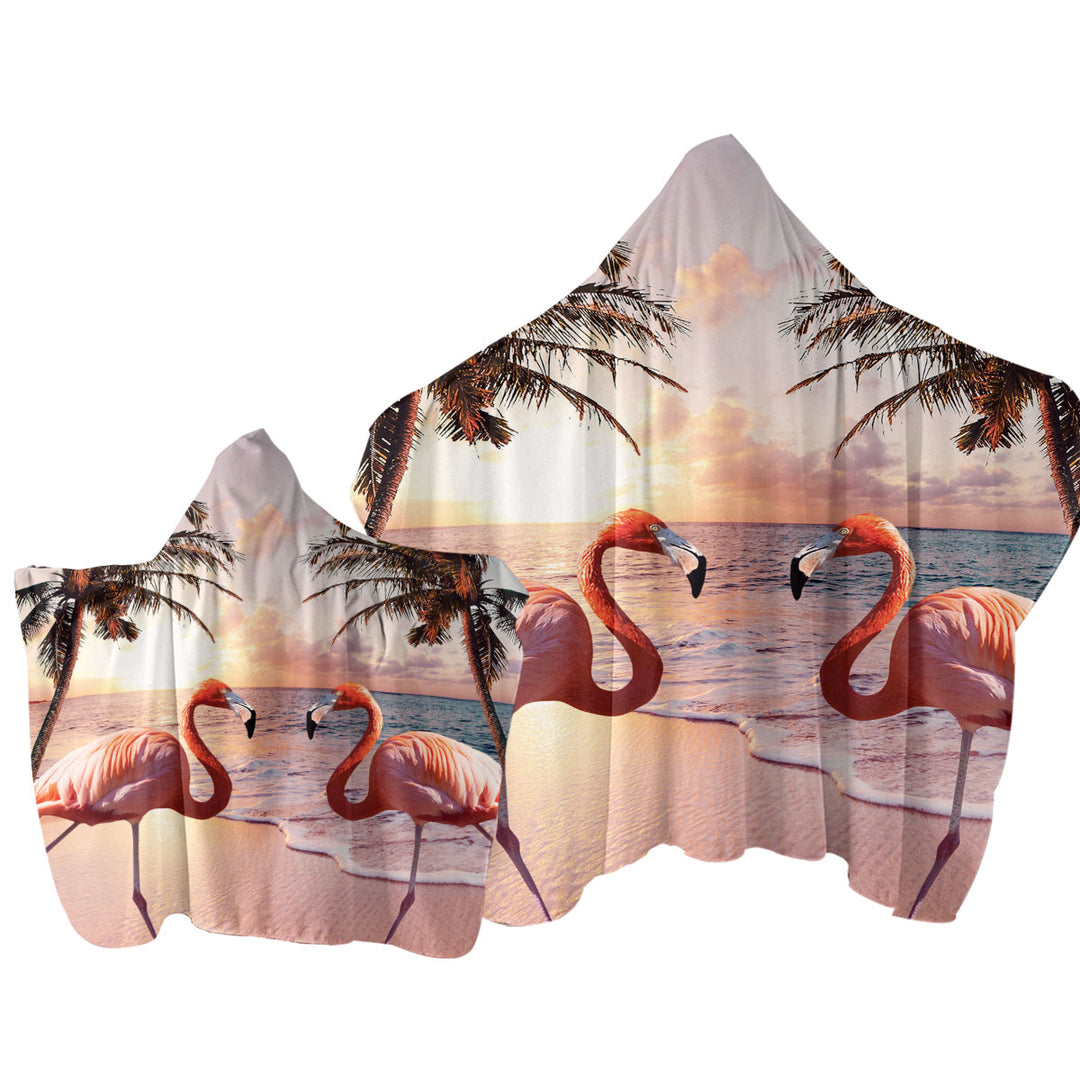 Flamingos Beach Colorful Sunset Palm Trees and Flamingos Hooded Beach Towel