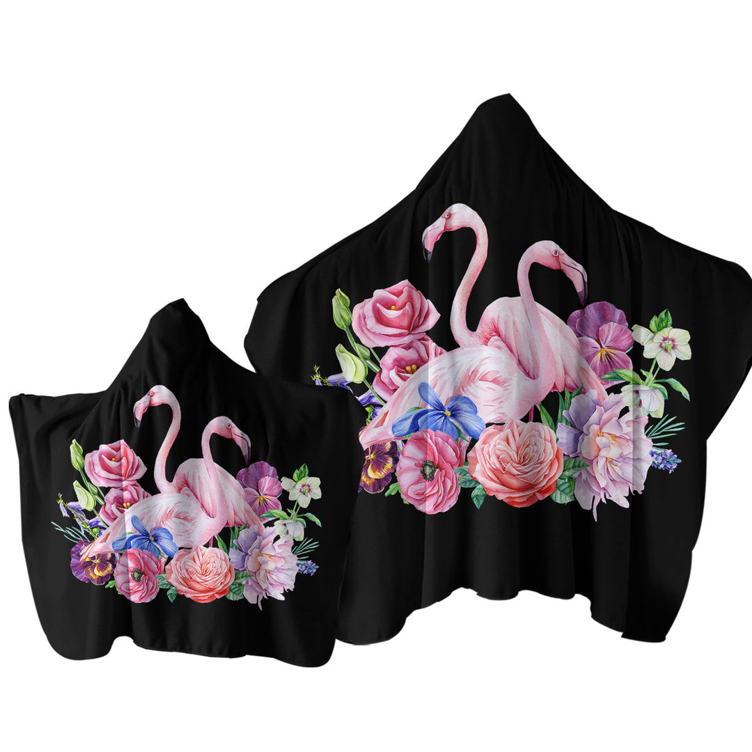 Flamingos and Flowers over Black Towel with Hood