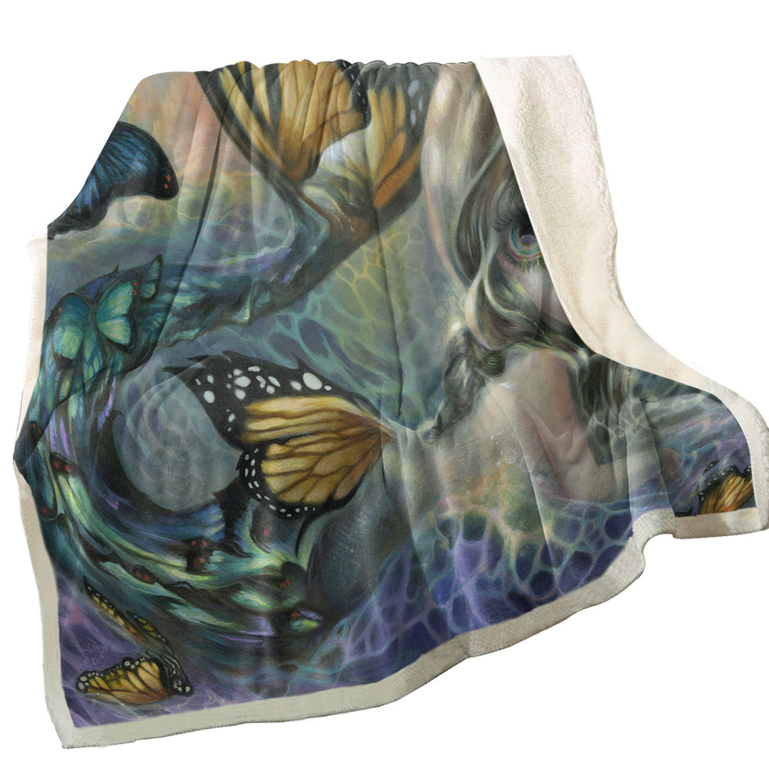 Fleece Blankets of Mermaid and Butterflies Fantasy Painting Sea Monarch