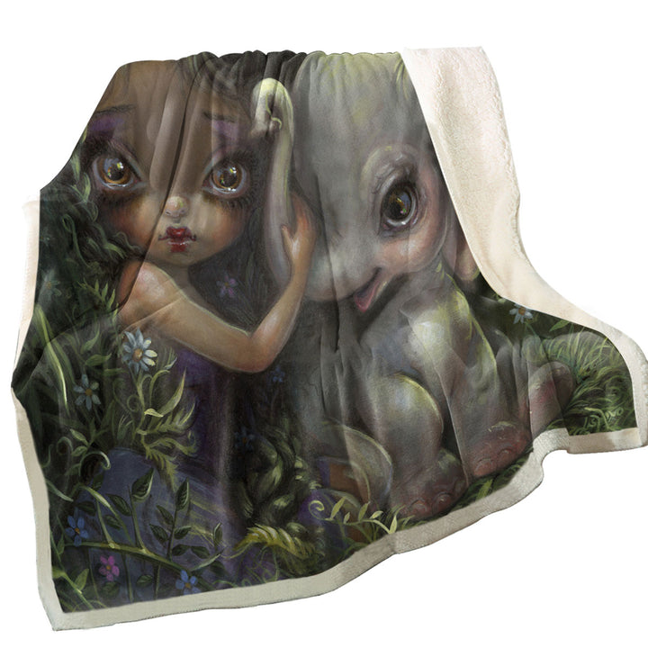 Fleece Blankets with Cute Art Big Eyed Maiden with Elephant Friend