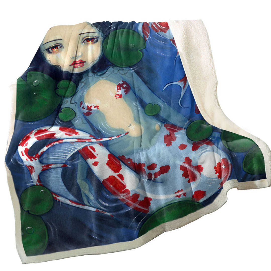 Fleece Blankets with Japanese Garden Lily Pads and Koi Pond Mermaid