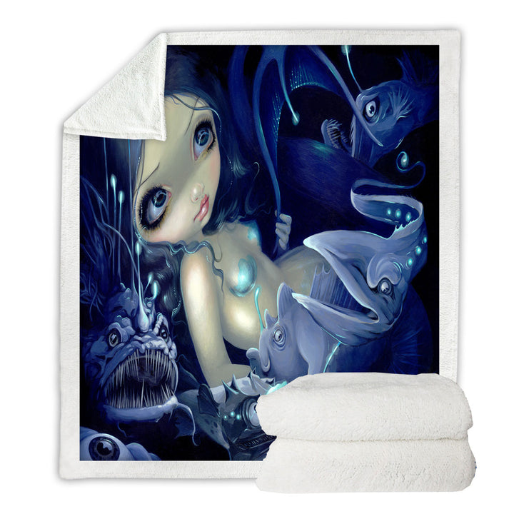 Fleece Blankets with Scary Underwater Art Fish and Mermaid