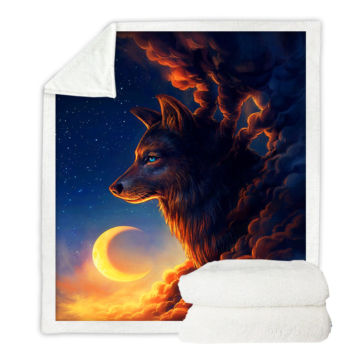 Fleece Blankets with Wolf Art Moon Night Guardian