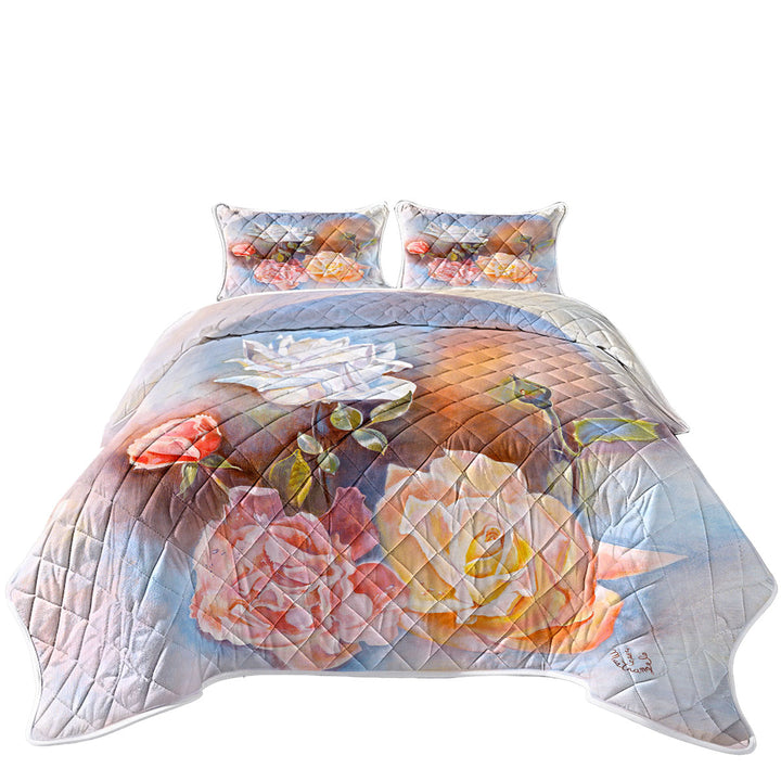 Floral Art Painting Beautiful Multi Colored Roses Coverlet