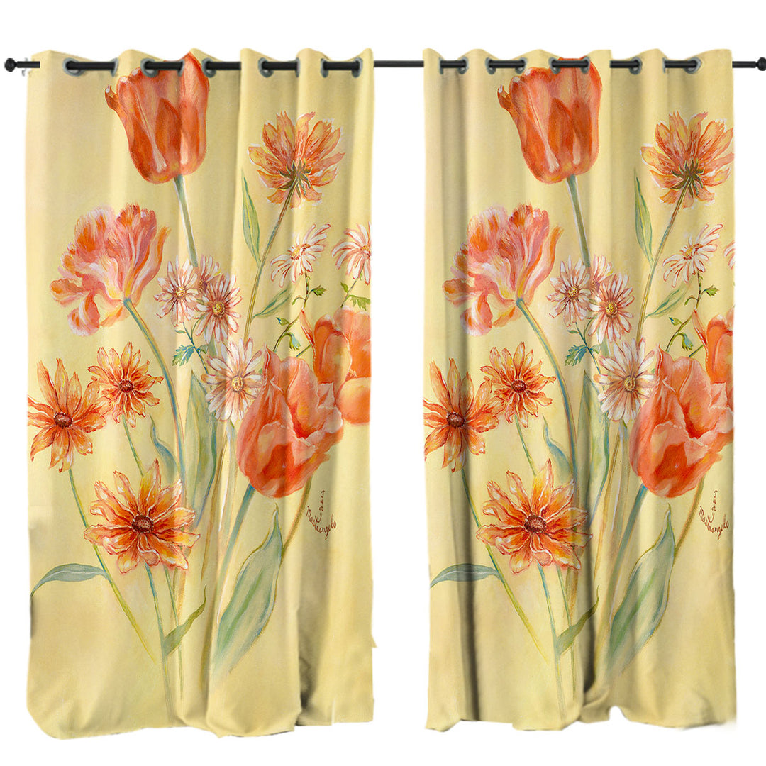 Floral Art Painting Tulips and Daisies Flowers Curtains