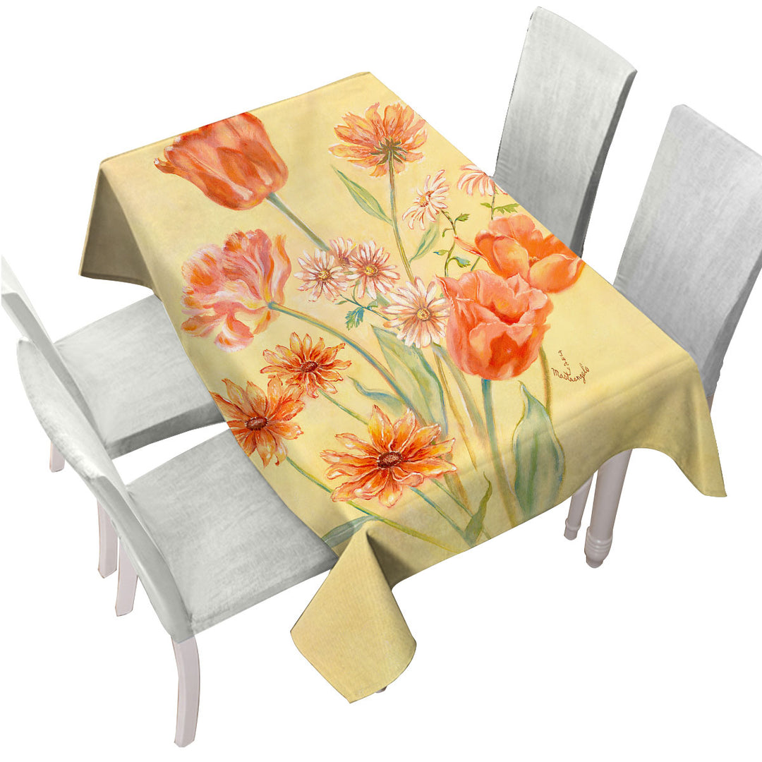 Floral Art Painting Tulips and Daisies Flowers Tablecloths