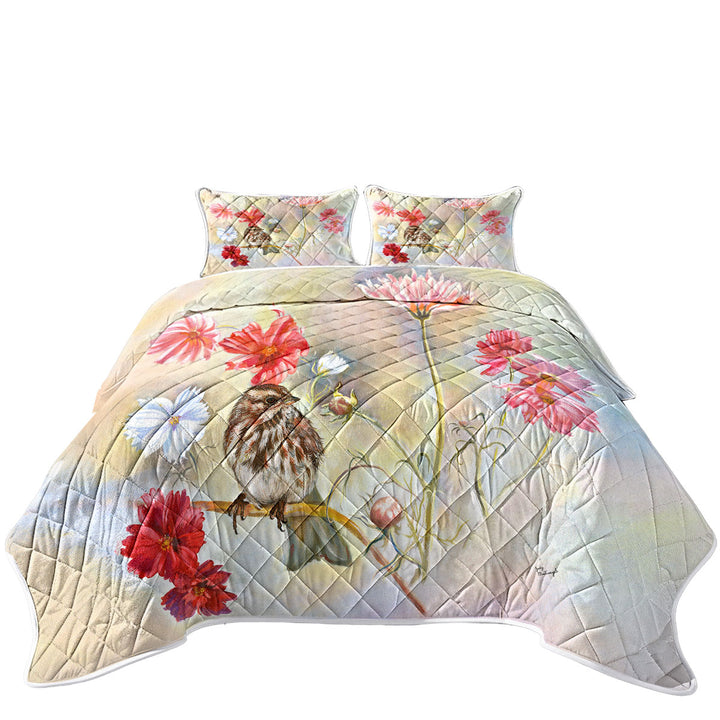 Floral Art Sparrow Bird in Cosmos Flowers Coverlet