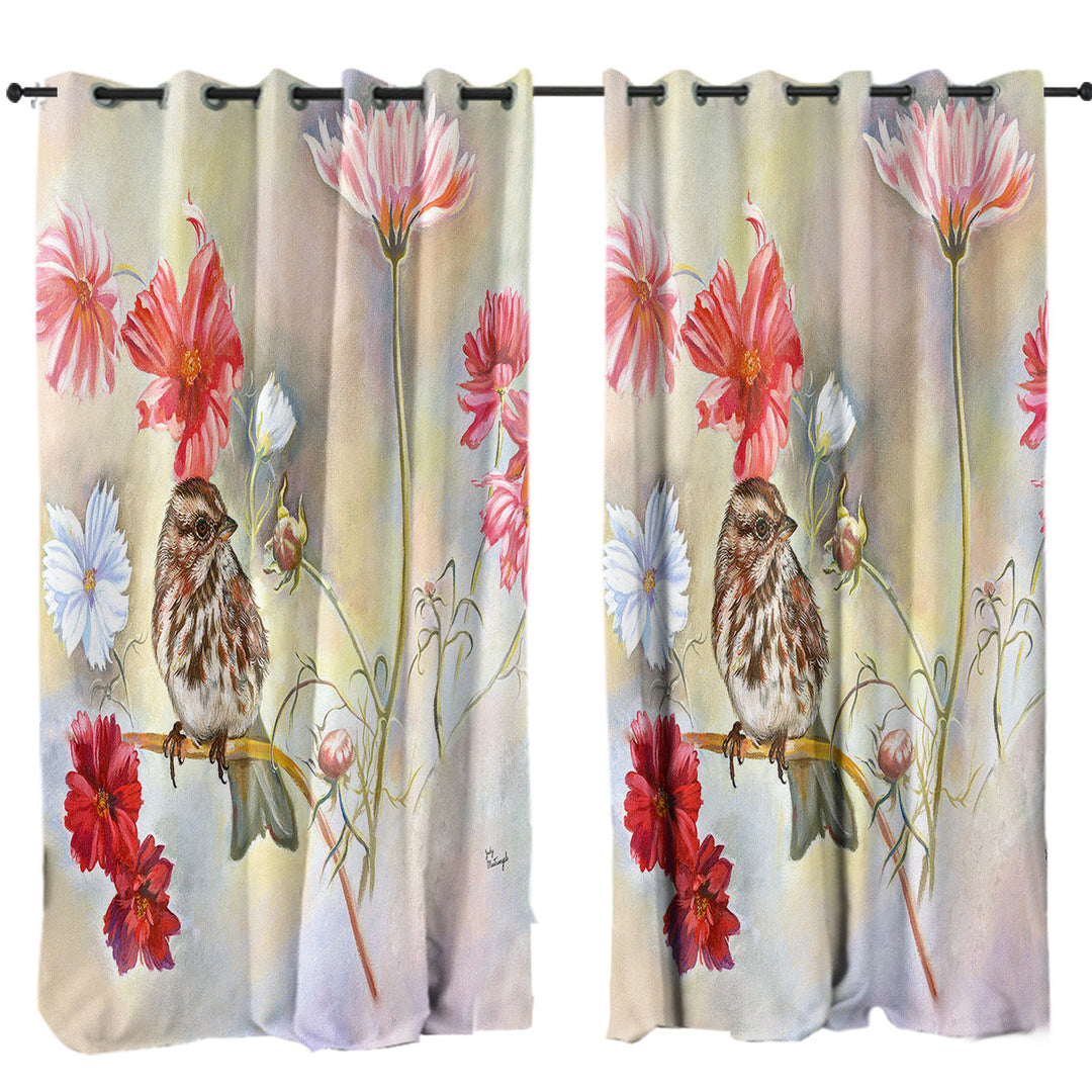 Floral Art Sparrow Bird in Cosmos Flowers Curtain