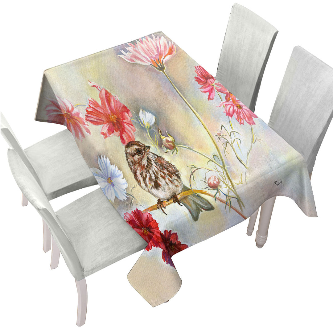 Floral Art Sparrow Bird in Cosmos Flowers Custom tablecloths