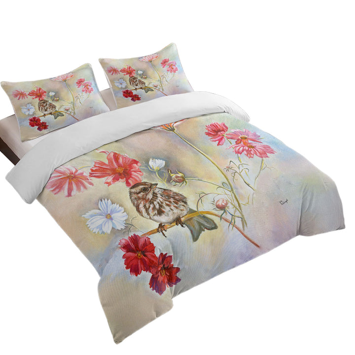 Floral Art Sparrow Bird in Cosmos Flowers Duvet Covers King