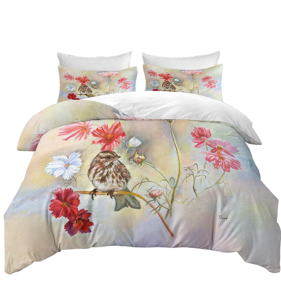 Floral Art Sparrow Bird in Cosmos Flowers Good Duvet Covers