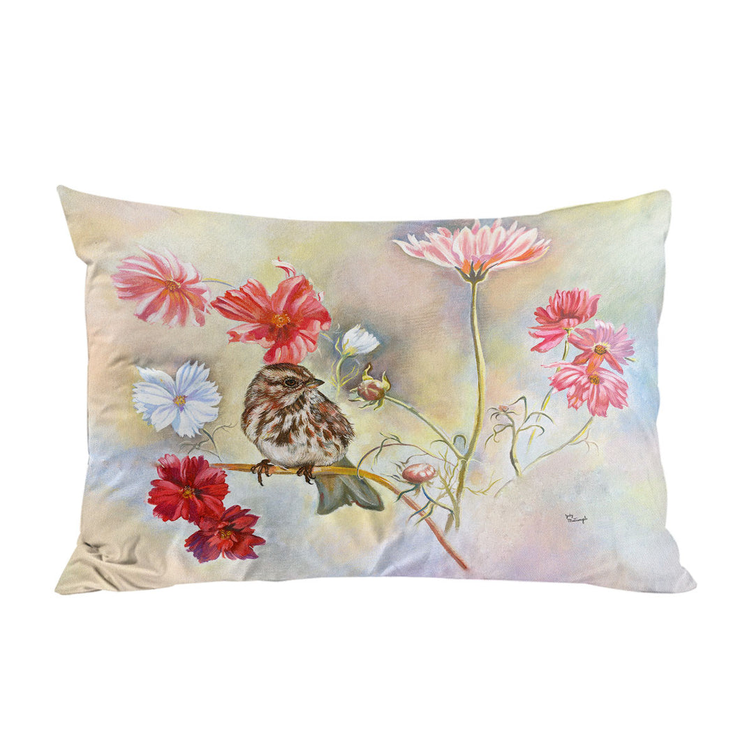 Floral Art Sparrow Bird in Cosmos Flowers Pillow Cases