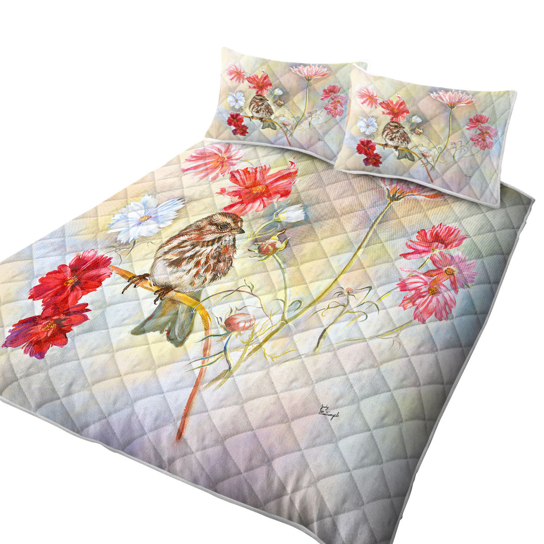 Floral Art Sparrow Bird in Cosmos Flowers Quilts