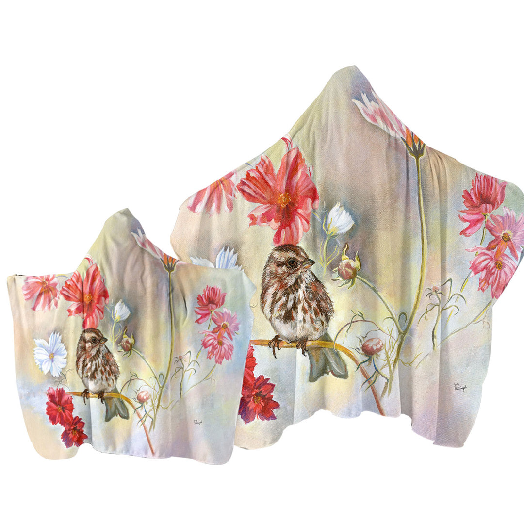 Floral Art Sparrow Bird in Cosmos Flowers Towel Hoodie