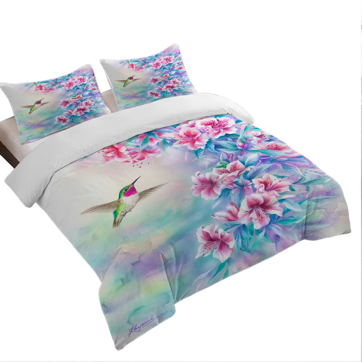 Flower Art Pinkish Hibiscus and Hummingbird Duvet Covers