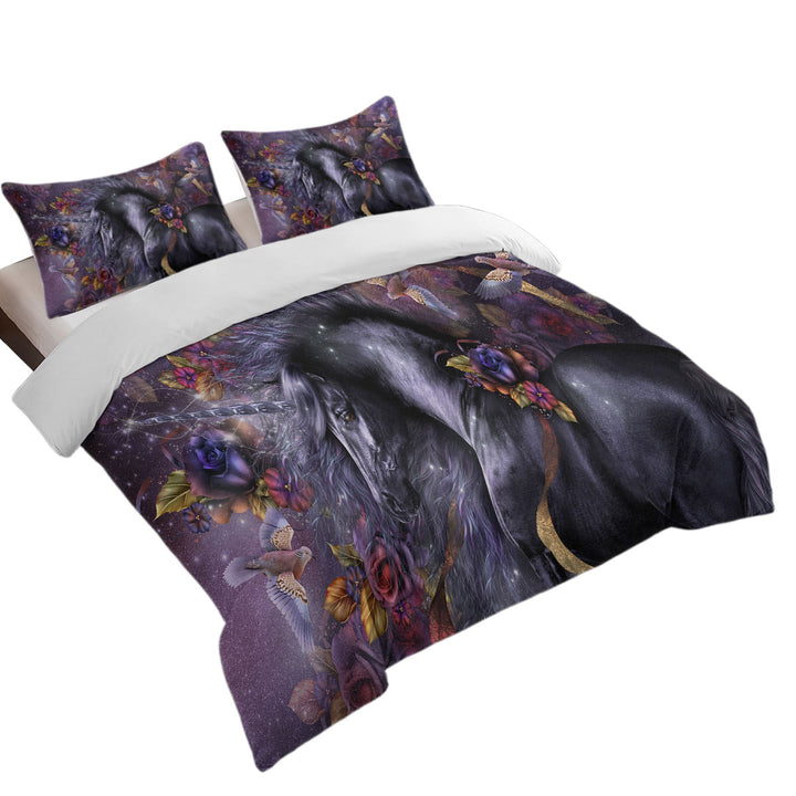 Flowers Birds and Beautiful Magical Unicorn Horse Duvet Cover