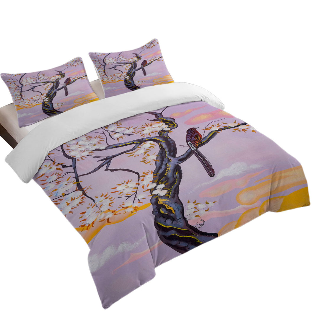 Flowers Painting Bird on Lavender Bed Covers