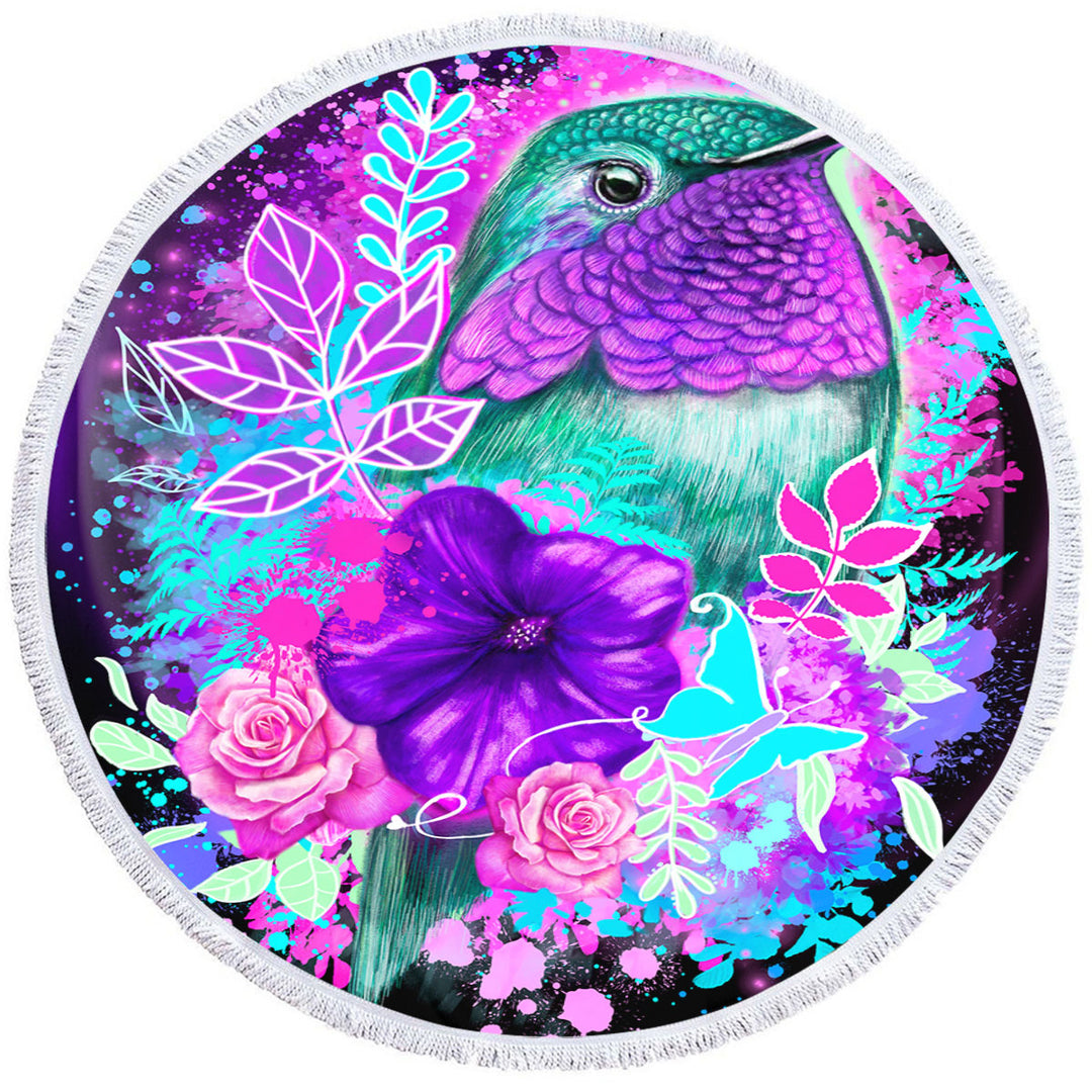 Flowers and Hummingbird Round Beach Towel