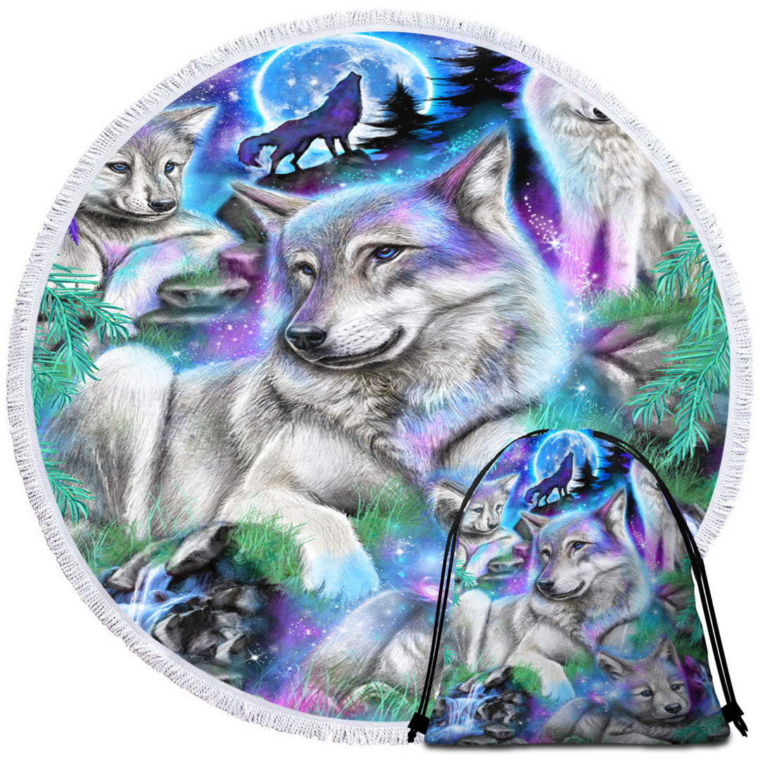 Forest Animals Art Daydream Galaxy Wolves Circle Beach Towel