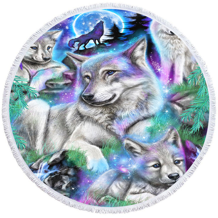 Forest Animals Art Daydream Galaxy Wolves Round Beach Towel