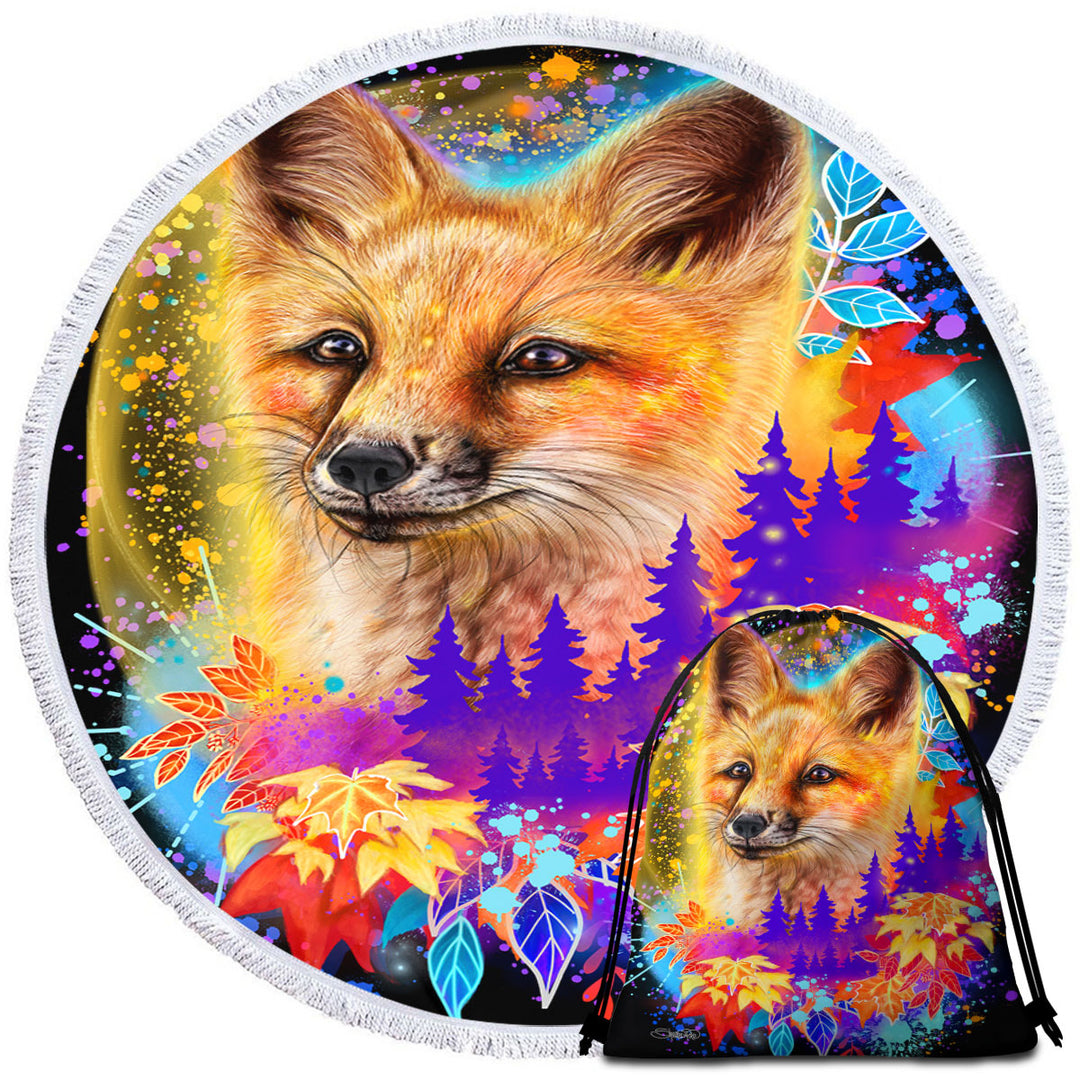 Forest Animals Art Red Fox Circle Beach Towel