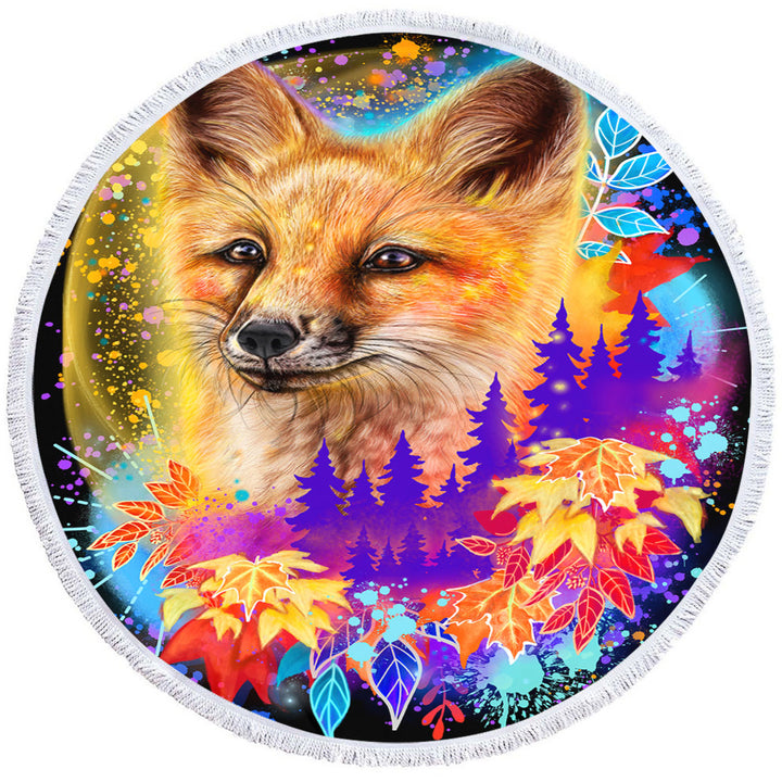 Forest Animals Art Red Fox Round Beach Towel