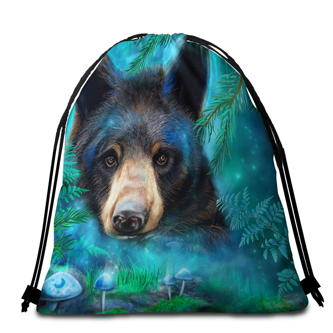 Forest Animals Moonlight Magic Black Bear Beach Towel Bags