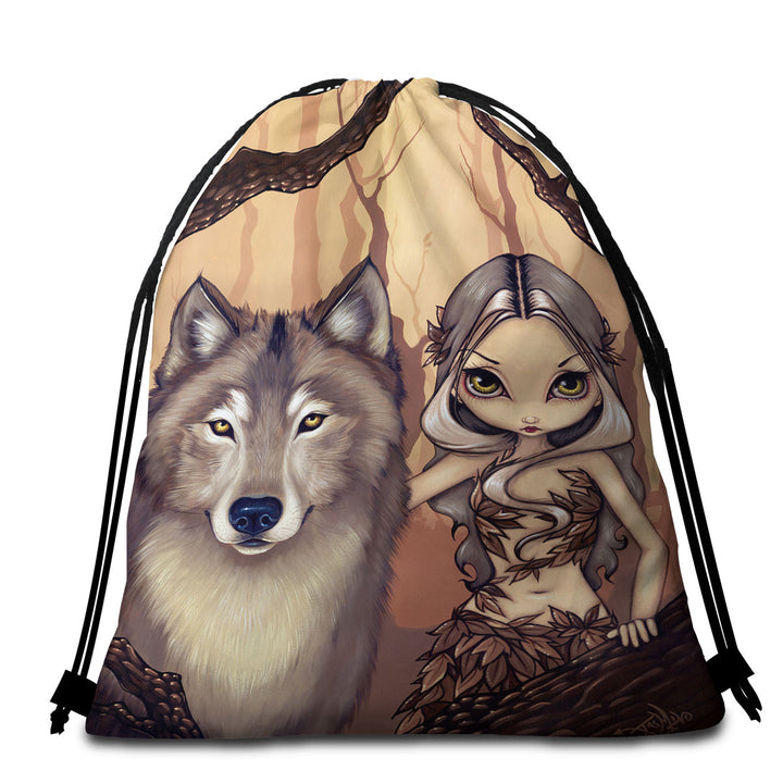 Forest Elf Girl and Her Wolf Beach Towel with Animal