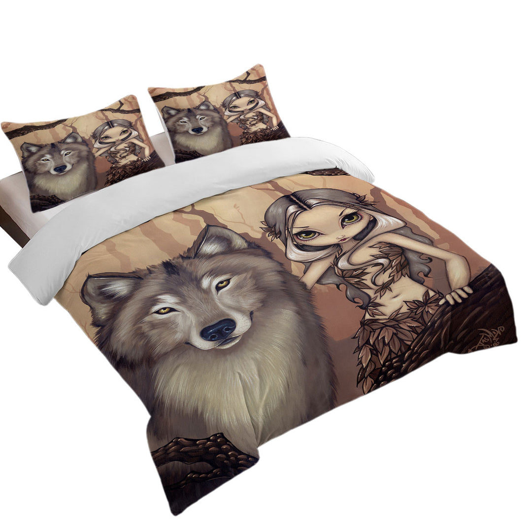 Forest Elf Girl and Her Wolf Comforter Cover