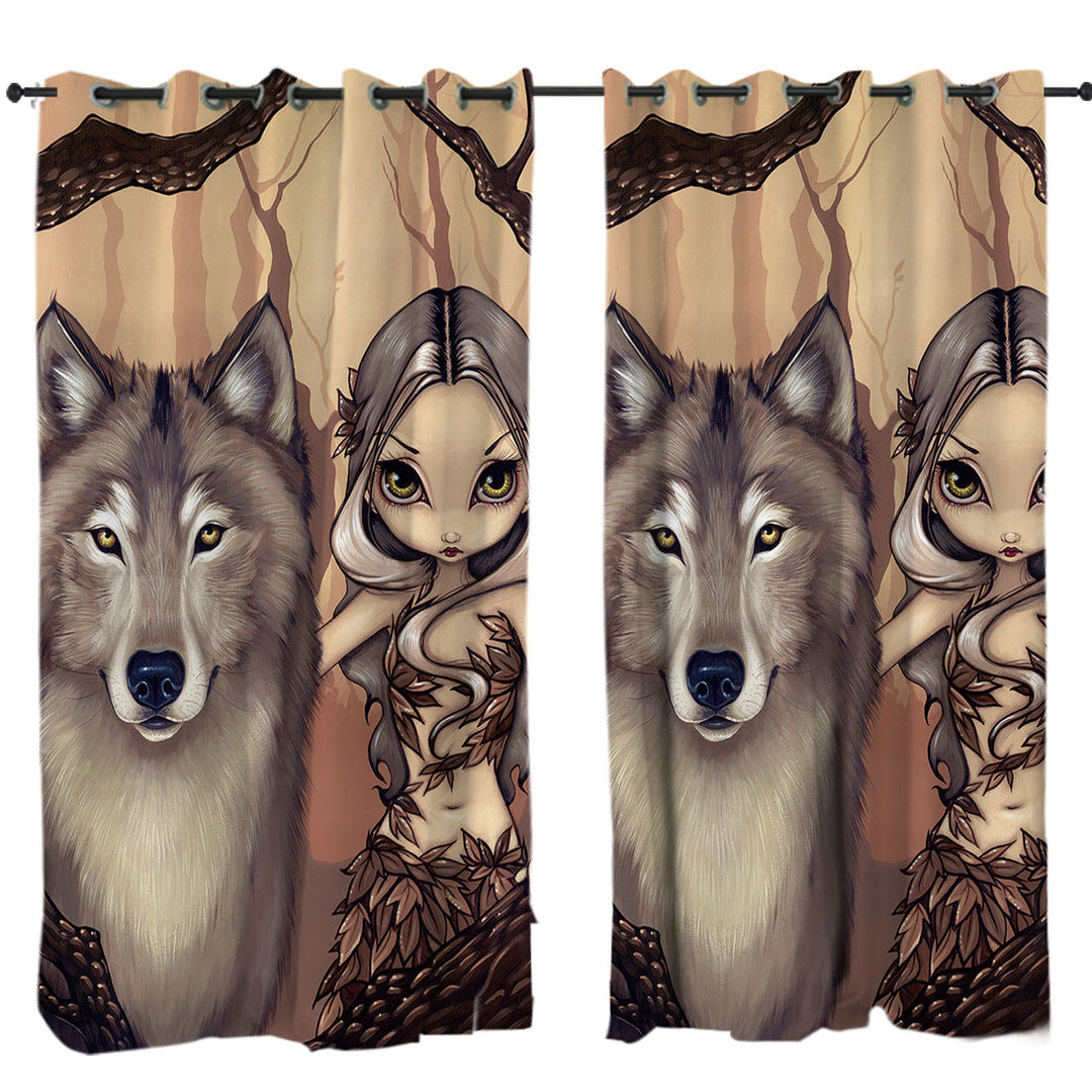 Forest Elf Girl and Her Wolf Curtain