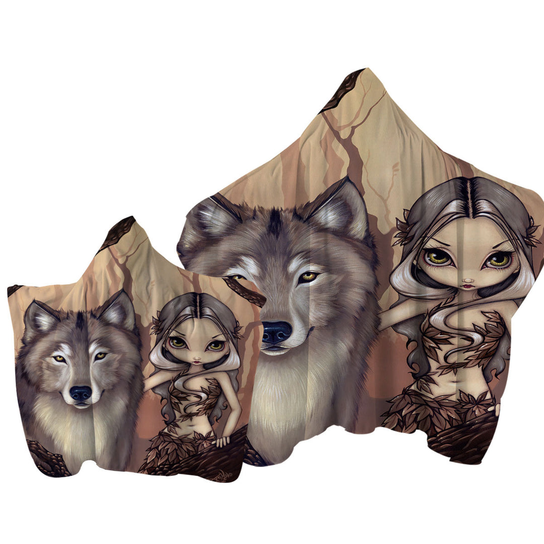 Forest Elf Girl and Her Wolf Hooded Beach Towel