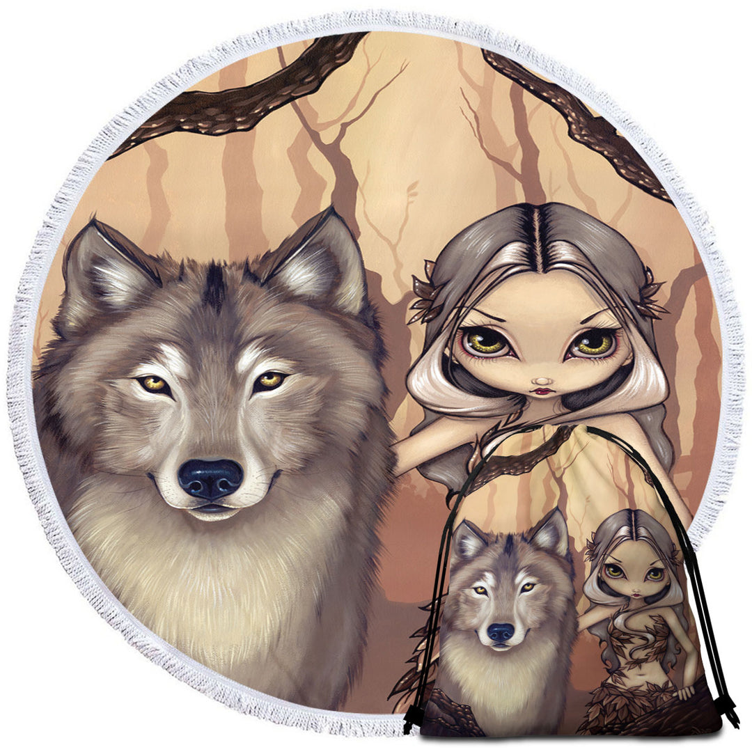 Forest Elf Girl and Her Wolf Microfiber Beach Towel