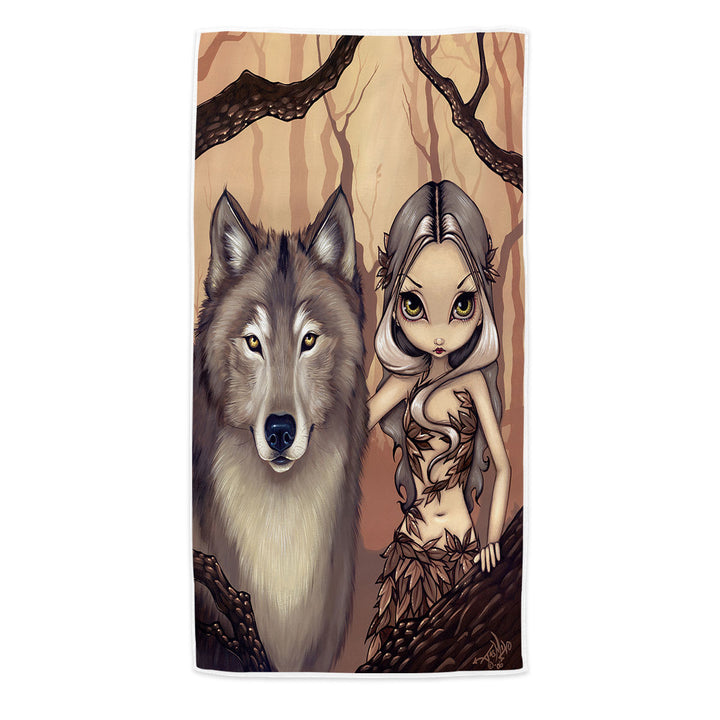 Forest Elf Girl and Her Wolf Microfibre Beach Towels