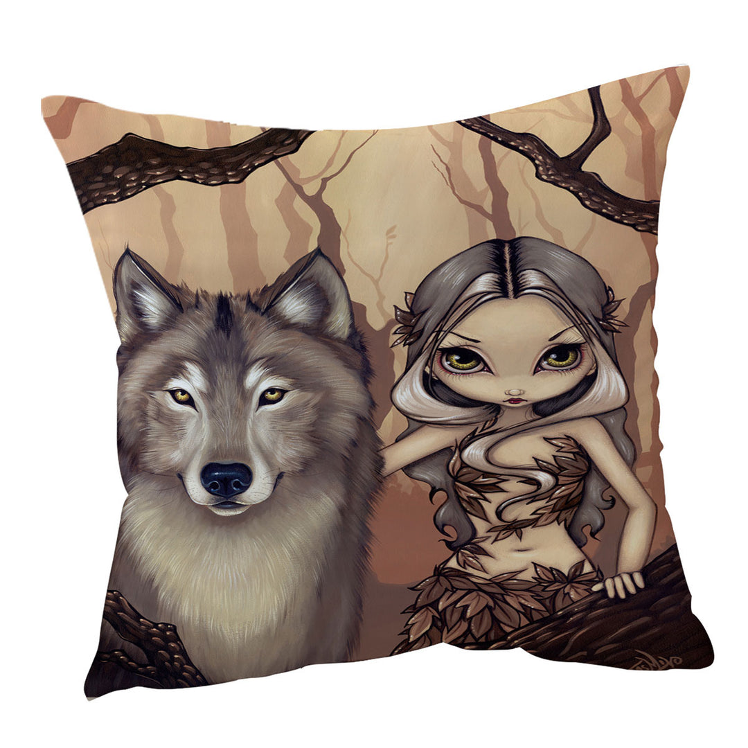 Forest Elf Girl and Her Wolf Sofa Pillows