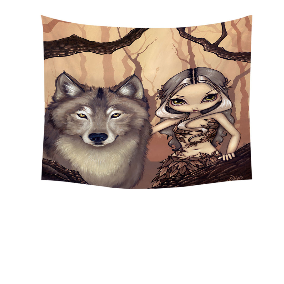 Forest Elf Girl and Her Wolf Wall Decor Tapestry