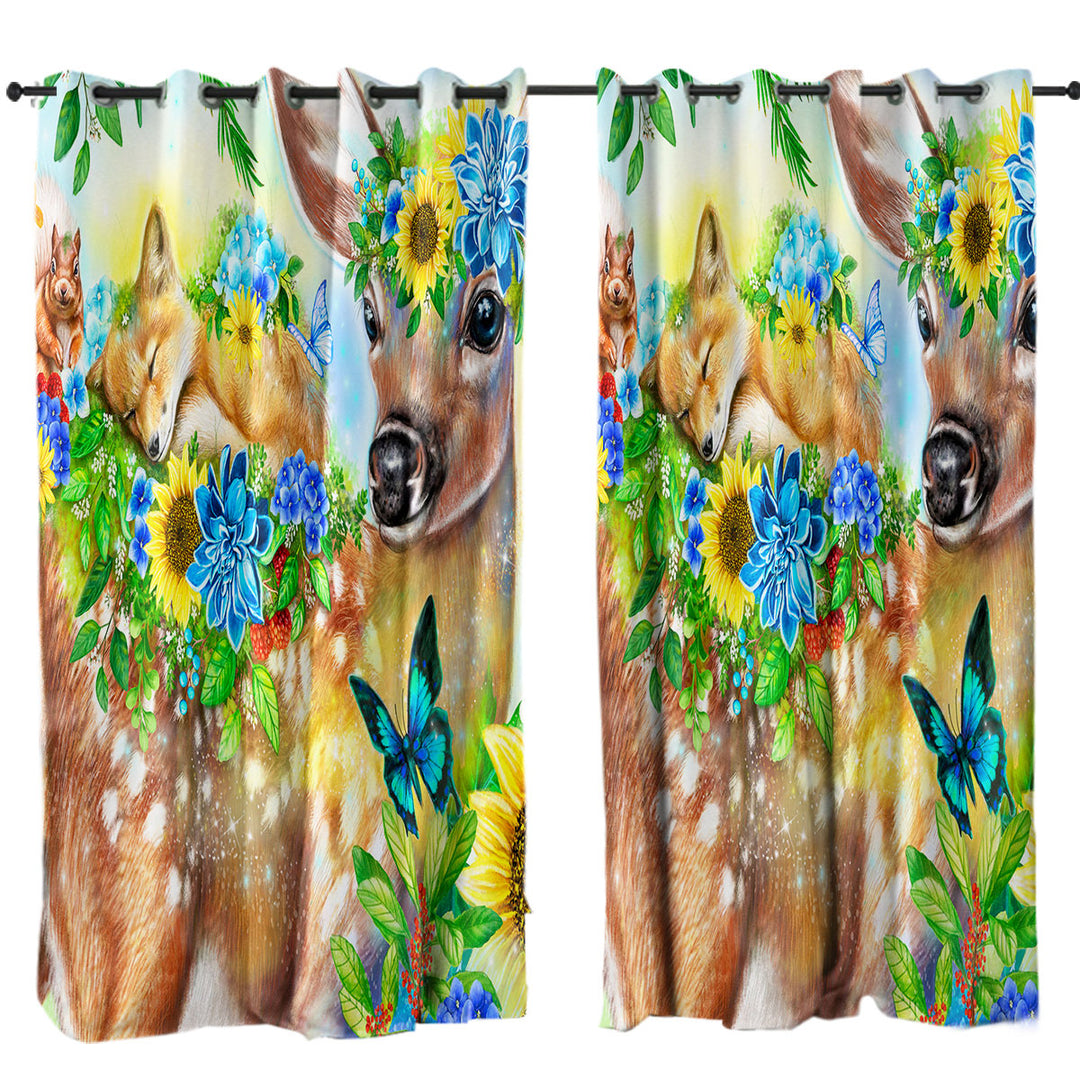 Forest Fawn Deer and Fox Squirrel Friends Drapes