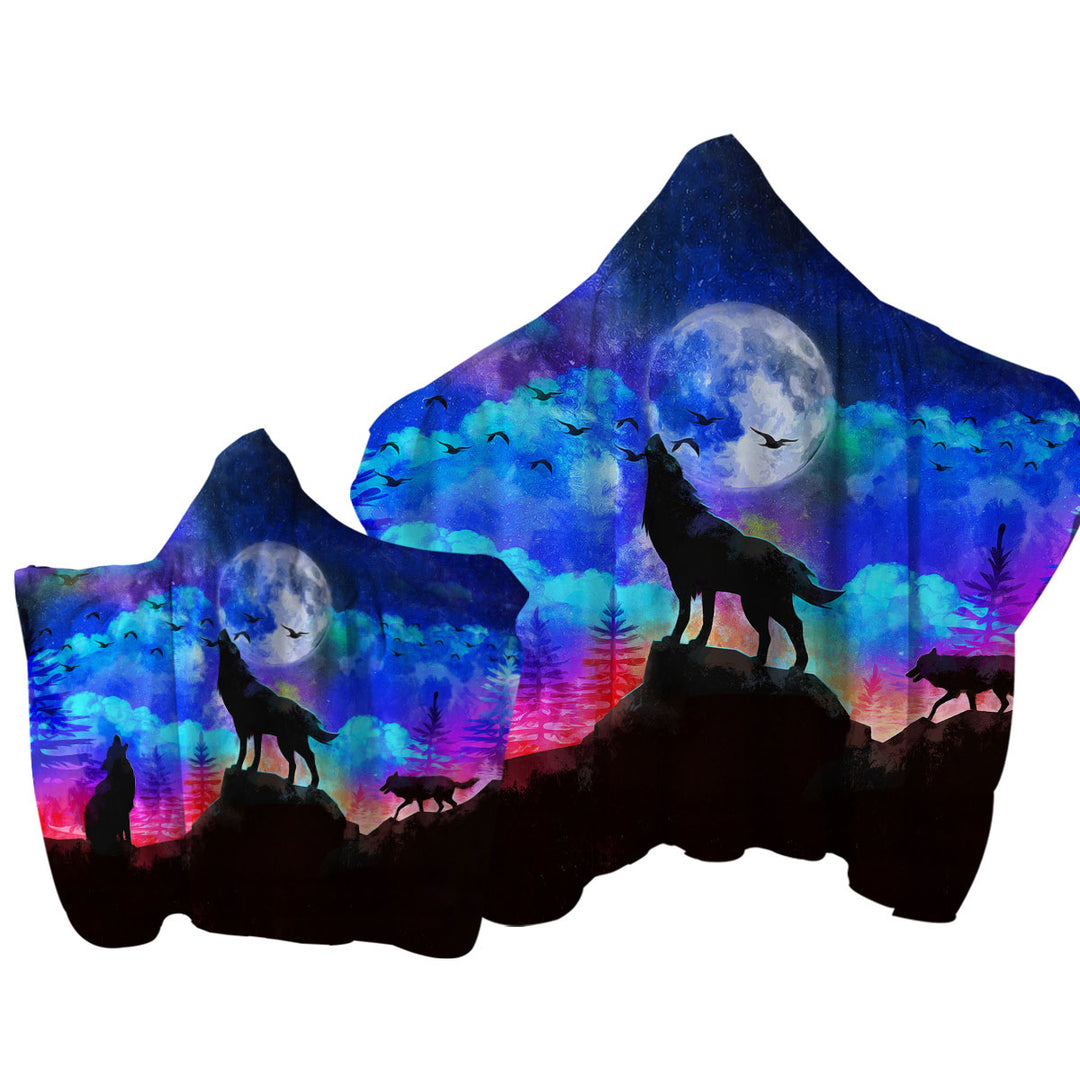 Full Moon Night Wolf Pack Hooded Beach Towel