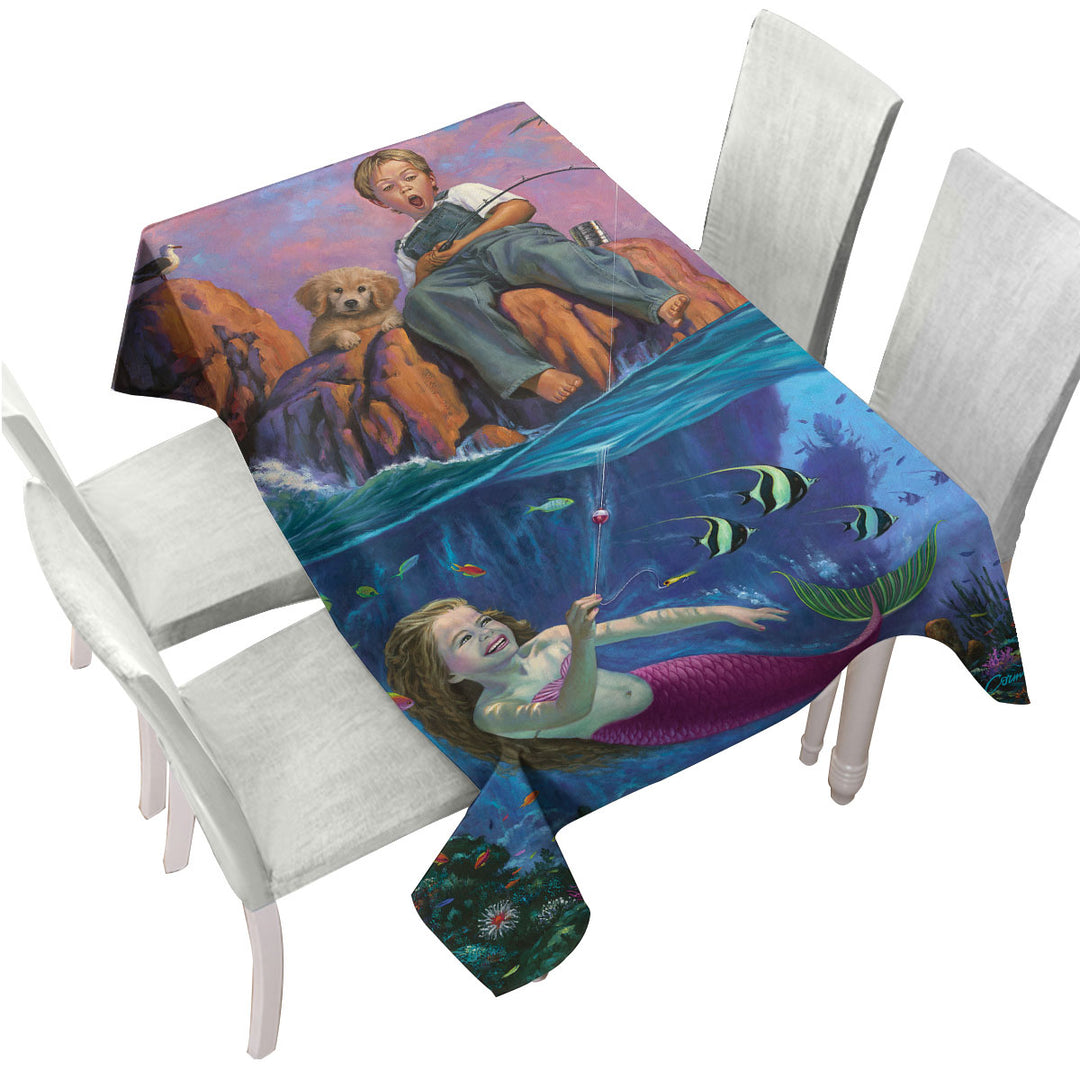 Fun Kids Design Catch of the Day Boy and Mermaid Custom table Covers