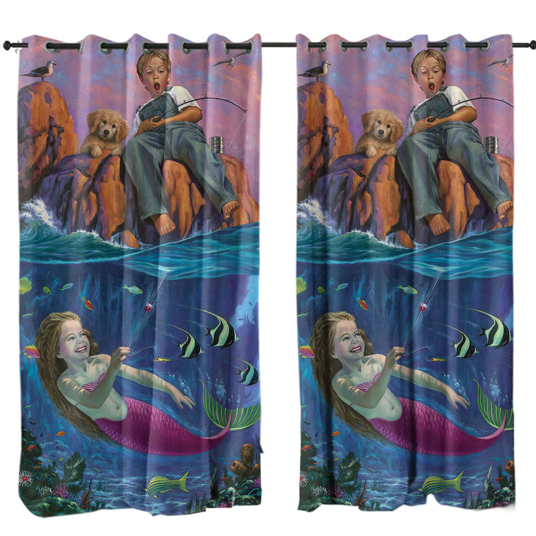 Fun Kids Design Catch of the Day Boy and Mermaid Drapery