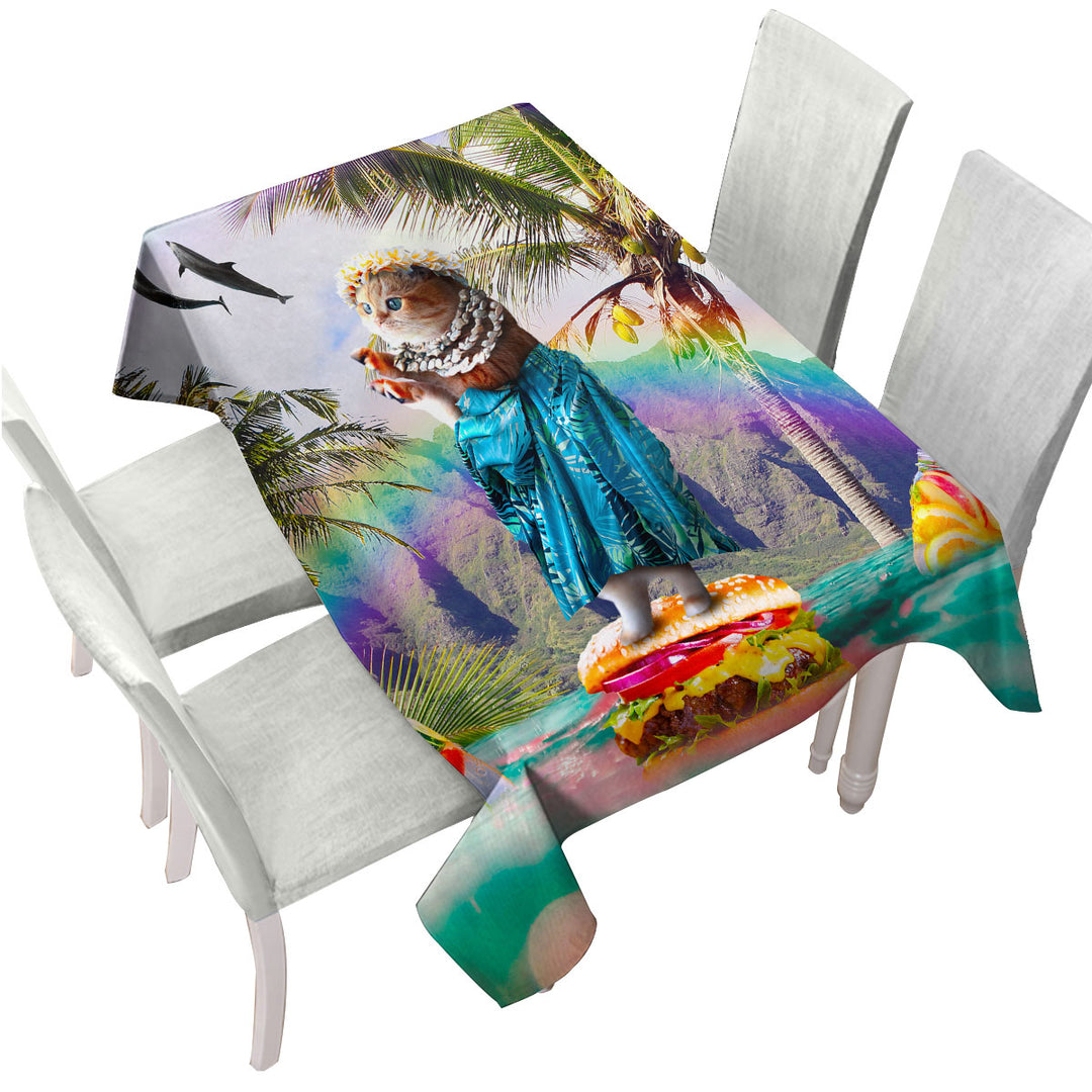 Funny Aloha Girl Cat on Hawaiian Burger Tablecloths