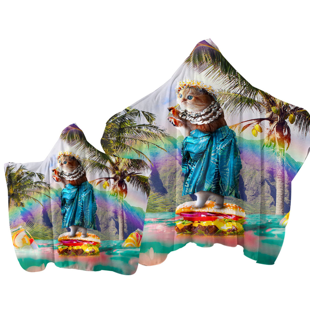 Funny Aloha Girl Cat on Hawaiian Burger Towel Hoodie