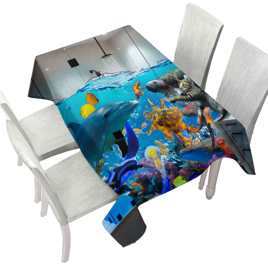 Funny Artwork Crazy Shower Room Marine Life and Cat Tablecloth