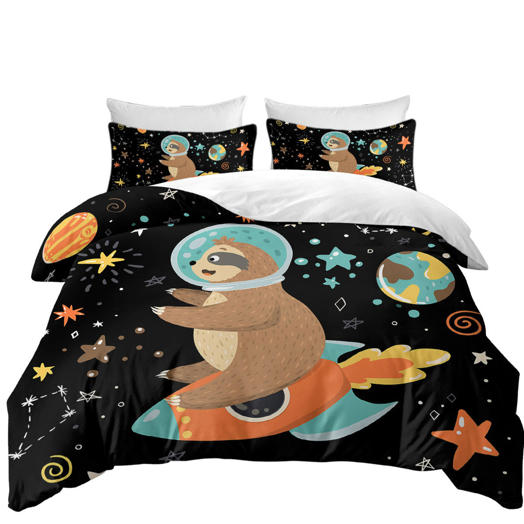 Funny Astronaut Sloth on a Rocket Comforter Cover