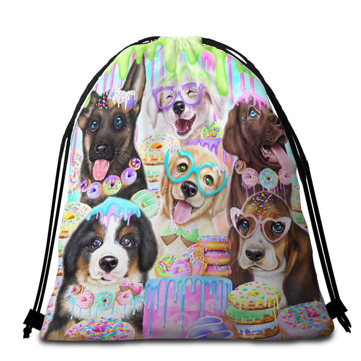 Funny Beach Towel Bags Dog Colorful Doggies and Donuts