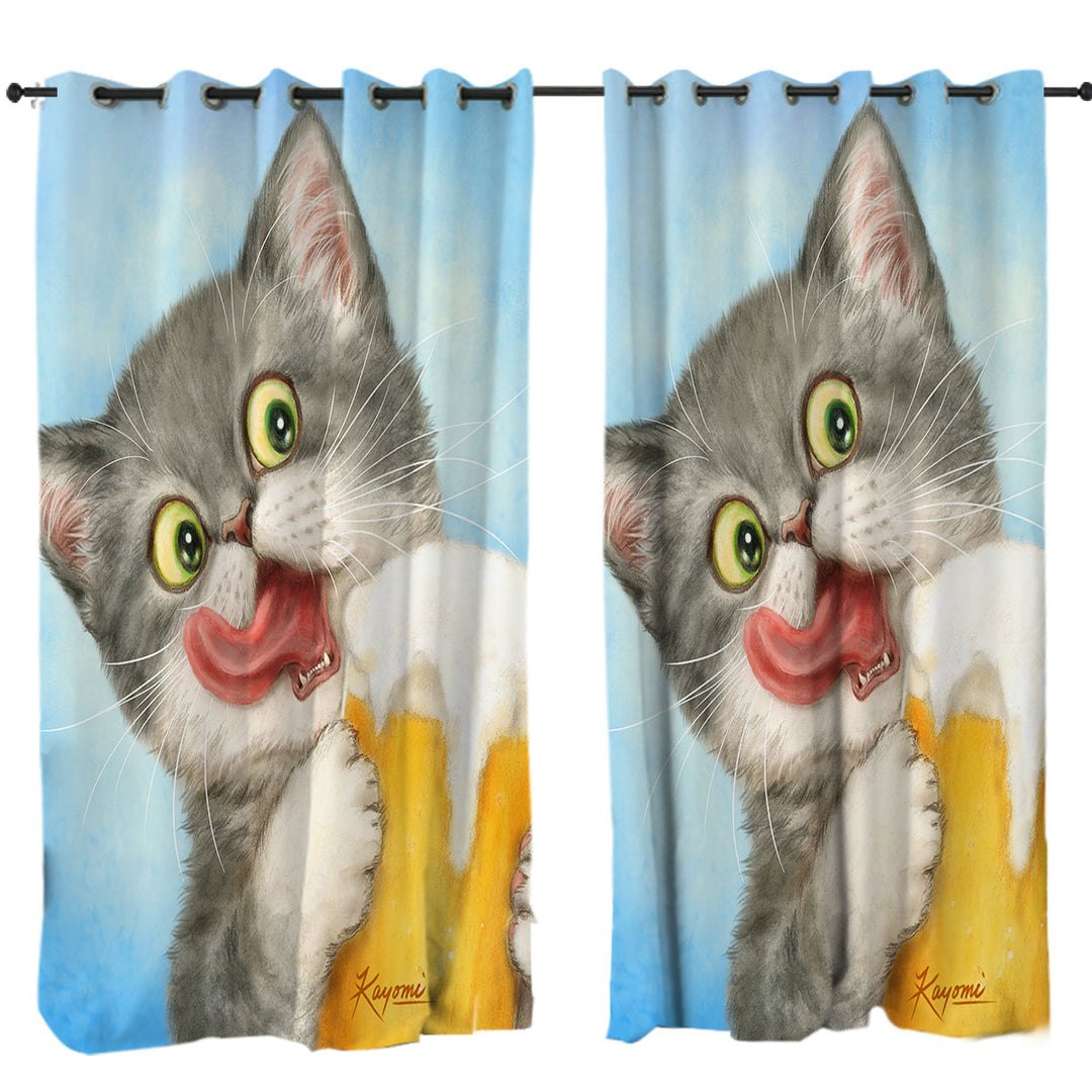 Funny Cats Art Crazy for Beer Grey Kitten Curtains for Bedroom