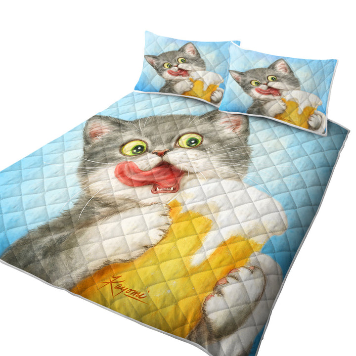 Funny Cats Art Crazy for Beer Grey Kitten King Size Quilt